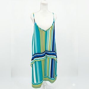 Striped Teal & Yellow Summer Slip Dress Anouk Grewal Size L Euc